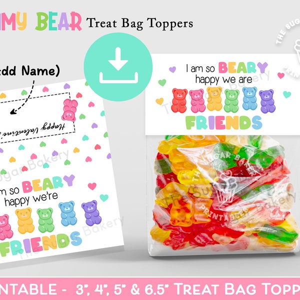 Gummy Bear Valentine Treat Bag Topper, BEARY happy friends, Valentine Treats for Kids, Candy Bag Topper, Preschool Classroom Valentines Card