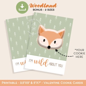 Afdrukbare bos COOKIE KAARTEN, ik ben WILD over jou Valentijn Cookie kaart, Woodland Racoon Eekhoorn Fox Uil Bunny Herten Beer Boom cookie kaart