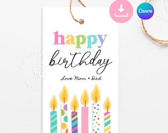 Étiquettes d'anniversaire imprimables MODIFIABLES Joyeux anniversaire étiquettes-cadeaux pour enfants fête fille garçon arc-en-ciel bougies colorées Téléchargement numérique instantané Canva