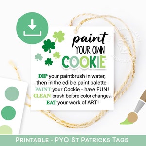 PYO St. Patrick's Day-koekjeslabels, St. Patrick's Paint your own Cookie-instructies, PYO St. Patricks-tag, PYO Instructions & Directions-tag