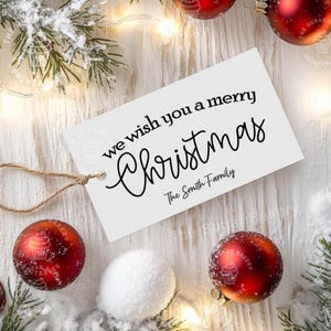 Afdrukbare kerstcadeaulabels, rustieke boerderij zwart-witlabels, wij wensen je een vrolijk kerstfeest eenvoudige BEWERKBARE kerstbedankkaartjes canva-sjabloon