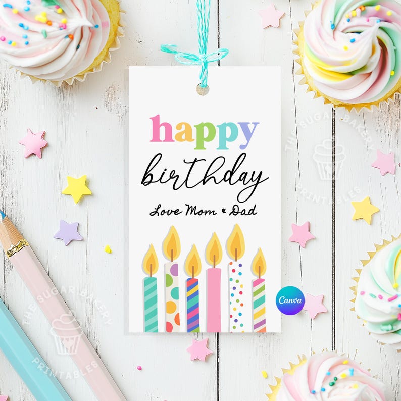 May include: A white gift tag with the text "happy birthday" in rainbow colors and "Love Mom & Dad" in black. The tag features six colorful candles with flames.