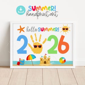 Manualidad de huellas de manos de verano para imprimir – Hola verano 2026 Arte con cubo de arena para castillos de playa y pelota de playa – Divertida actividad para niños pequeños Manualidad de recuerdo