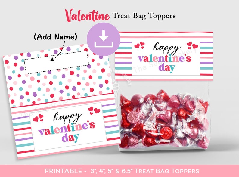 Valentine Treat Bag Topper, Happy Valentine's Day Treat BAG TOPPER, Valentine Class Treats, Printable topper, Classroom Preschool treat bag image 1