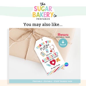 Puede incluir: Una etiqueta de regalo con el texto "THANK YOU for all that you do! You are APPRECIATED more than you know!" con ilustraciones m&eacute;dicas. La etiqueta mide 5,08 cm x 8,89 cm y es imprimible y editable.