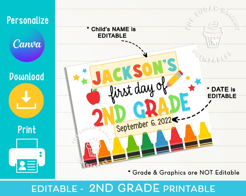 May include: Editable printable sign for a child's first day of 2nd grade. The sign features a colorful design with crayons, a red apple, and the text "JACKSON'S first day of 2ND GRADE" with a date of September 6, 2022.