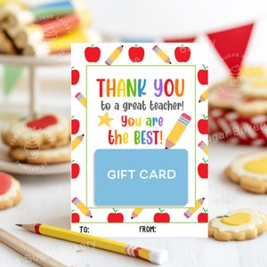 Printable Thank you Teacher GIFT CARD Holder Last Day of School TEACHER Appreciation Gift Card Apple Pencil Gift for Teacher Printable card