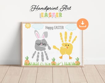 Manualidades de Pascua con Huellas de Manos, Conejito y Pollito, Manualidades para Niños en Edad Preescolar, Manualidades de Pascua con Huellas de Manos