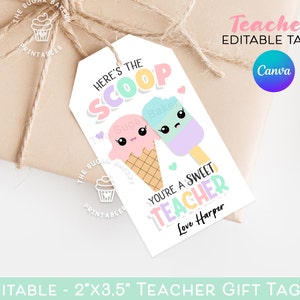 Leraar waardering ijs TAGS, hier is de SCOOP ijs tags, zoete traktatie leraar tags, einde van het schooljaar tag, zoete leraar tag