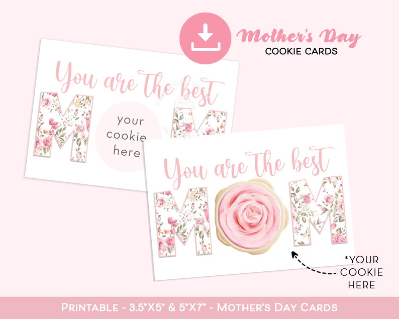 K&ouml;nnte beinhalten: Zwei druckbare Muttertags-Kekskarten mit floralem Design. Die Karten sagen "Du bist die beste Mama" und haben Platz f&uuml;r einen Keks. Die Karten sind 3,5 x 5 Zoll und 5 x 7 Zoll gro&szlig;.