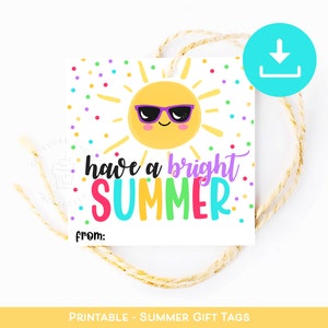 Een stralende CADEAU-TAGS ZOMER, afdrukbare school is uit zonnebril Sunshine-tags, kleuterschool einde schooljaar cadeau Klasgenoot