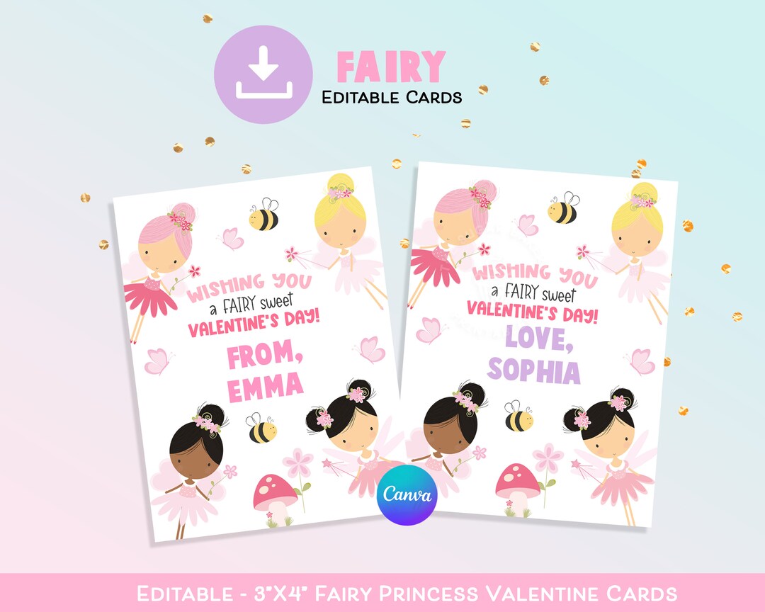 Editable FAIRY Valentine Cards, PRINTABLE Princess Valentine Cards ...