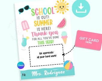 EDITABLE Teacher GIFT CARD Holder, Teacher Coffee Gift Card holder, School is out Summer is here, End of school year Gift for teacher Canva