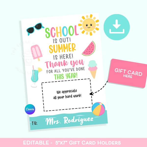 Porte-cartes cadeau pour professeur MODIFIABLE, porte-cartes café pour professeur, L'école est finie L'été est arrivé, cadeau de fin d'année scolaire pour professeur Canva