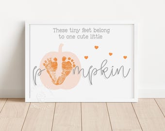 Schattige kleine pompoen voetafdruk kunstwerk printbaar herfst knutselwerkje voor baby's eerste Halloween aandenken oktober baby pasgeborene herfst activiteit idee voor peuters