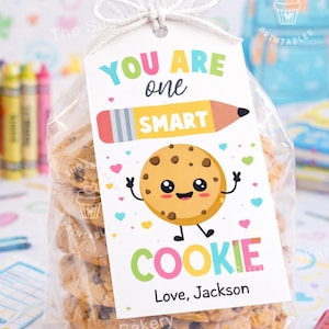 Op de afbeelding: Een doorzichtige cellofaan zak gevuld met chocolate chip cookies, vastgebonden met wit touw. Een wit label leest "YOU ARE one SMART COOKIE" met een lachende cookie graphic en de tekst "Love, Jackson".