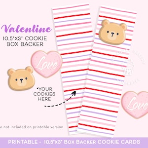 Printable Valentine Cookie Box Backers, Stripes 10.5&quot;x3&quot; Valentine Cookie Backer, Valentine Cookie Box Backer, Cookie Card Hearts Bear Love