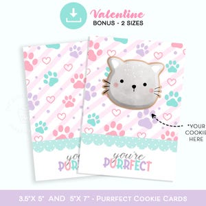 Carte à biscuits Kitty Valentine, mini carte à biscuits chat imprimable 3,5 x 5 et 5 x 7 po., carte à biscuits joyeuse Saint-Valentin, carte à biscuits
