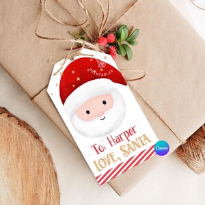 Etiquetas de regalo de Papá Noel para imprimir, etiquetas de regalo de Papá Noel personalizadas y EDITABLES para niños, etiquetas de nombre personalizadas para Navidad, plantilla de lienzo de Papá Noel para Navidad