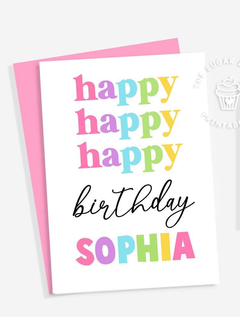 Może przedstawiać: Drukowana kartka urodzinowa z tekstem "happy happy happy birthday" w kolorach tęczy i imieniem "Sophia" w kolorach tęczy.
