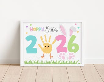 Manualidad de Pascua con huella de mano 2026, arte imprimible de huella de mano de conejo de Pascua, actividad de manualidades de Pascua para niños en edad preescolar y pequeños, recuerdo personalizado