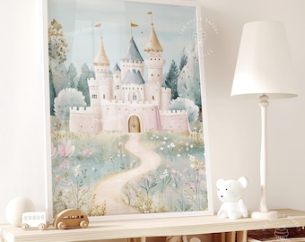 Castello delle fiabe stampabile, decorazione murale per cameretta delle bambine, rosa e blu, con acquerello (download digitale)