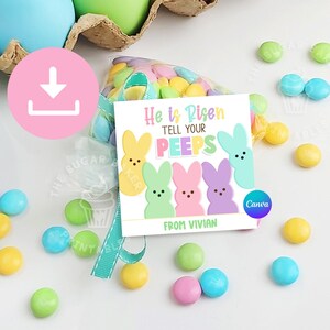 Tag PEEPS de Pâques MODIFIABLE, il est ressuscité, dites à votre tag PEEPS, Jésus est ressuscité de l'école du dimanche Christian Peeps, étiquettes de Pâques imprimables, étiquettes de Peeps