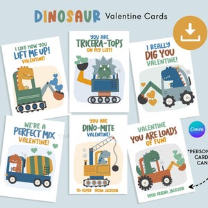 Tarjetas de San Valentín editables con dinosaurios, tarjetas de construcción con dinosaurios, tarjetas de San Valentín con dinosaurios en camiones, tarjetas de San Valentín para el aula, la escuela y los niños