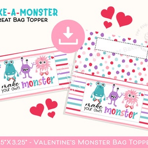 Machen Sie Ihre eigenen MONSTER Taschendeckel, Valentine Monster Taschendeckel, druckbare Valentinstag behandeln Topper, Klassenzimmer Valentinsgeschenk, Valentinsgrußgeschenk
