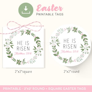 Etiqueta de Pascua "Él ha resucitado", etiquetas imprimibles para galletas de Pascua, corona floral, Pascua cristiana, resurrección de Jesús, etiquetas de regalo "Él ha resucitado", etiquetas de Pascua
