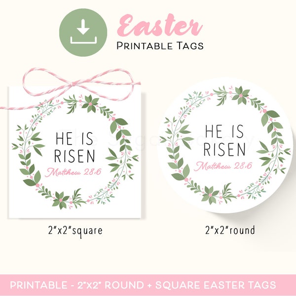 He is Risen EASTER TAG, Printable Easter Cookie Tags, Floral wreath Christian Easter Resurrection Jesus, He is Risen gift tags, Easter tags