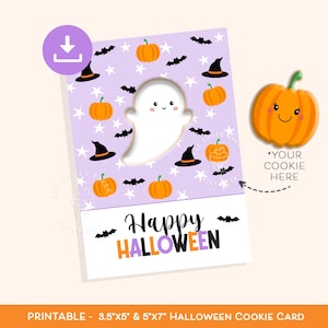 Happy Halloween Cookie Card, 3.5x5 Mini Cookie Card, 5x7 Cookie Card, Purple Pumpkin Ghost Bat Cookie Card, Wydrukuj Halloween Cookie Card