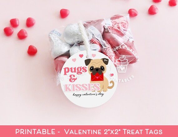 PUGS Kisses Valentines Day Tags, Printable Classroom Favors Gift