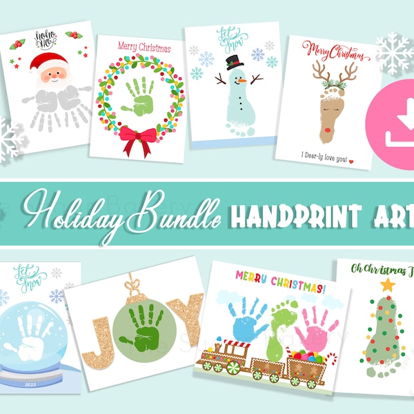 Holiday Handprint Art Bundle, Christmas Handprint Art, Preschool Christmas Craft, Reindeer Snowman Santa Wreath Tree Handprint Footprint Art