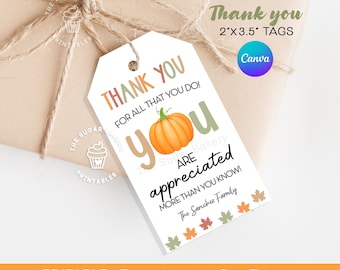Thank You Thanksgiving Tag, Fall Thanksgiving Tag, You are appreciated gift tag, Teacher Staff Appreciation Tag, Employee Team Thank You