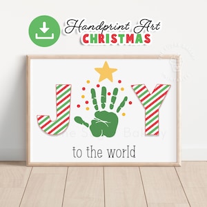Arte con huellas de manos en el árbol de Navidad JOY, manualidad con huellas de manos para preescolar, recuerdo navideño con huellas de manos, manualidad navideña imprimible