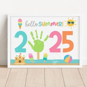 夏の手形クラフト 印刷可能 Hello SUMMER 2025 クールな夏のアイスクリームアイスキャンディービーチボール手形アート 夏のクラフトアクティビティ 子供 幼児
