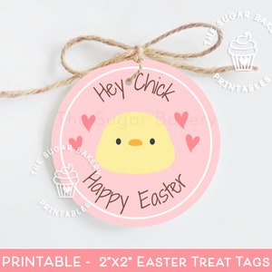 Hey Chick Happy EASTER COOKIE TAG, etichetta per biscotti a forma di coniglietto e pulcino di Pasqua da 2"x2", etichetta stampabile di pulcino giallo primaverile, etichetta adesiva per biscotti di Pasqua