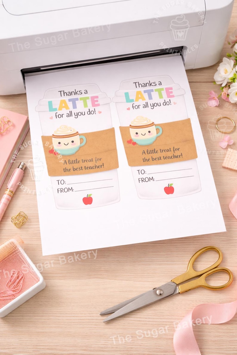 Op de afbeelding: Gedrukte bedankkaarten voor leraren met een latte-ontwerp. Elke kaart heeft een illustratie van een koffiekopje, de tekst "Thanks a LATTE for all you do!" en ruimte om "Aan" en "Van" te schrijven. Een rode appelafbeelding is ook inbegrepen.