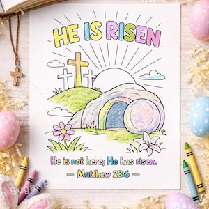Christian Easter Coloring Page – He Is Risen Printable – Resurrection Sunday School Activity for Kids – Bible Church Worksheet image 1