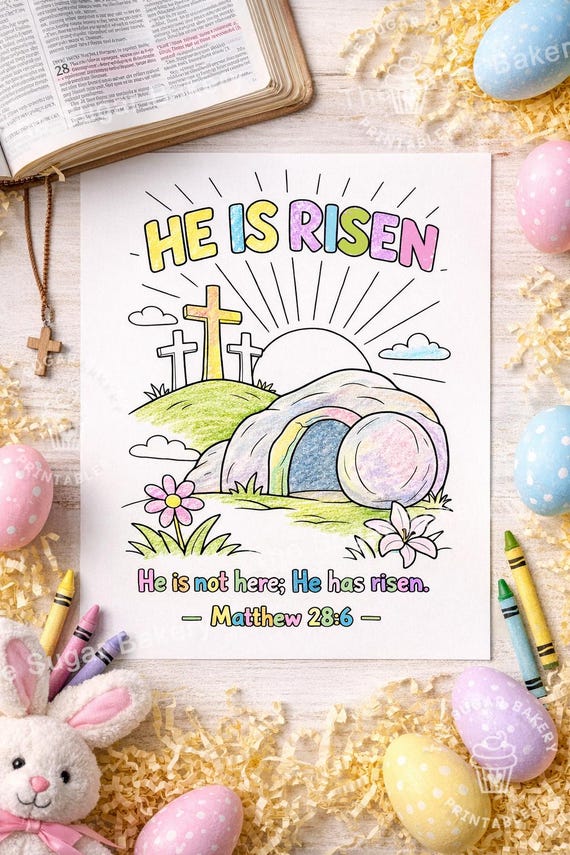Christian Easter Coloring Page – He Is Risen Printable – Resurrection Sunday School Activity for Kids – Bible Church Worksheet