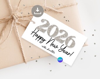 Bewerkbare nieuwjaarstags 2026 ZILVEREN sprankelend gelukkig nieuwjaar cadeaukaartje voor vriend Oud en nieuw bedankkaartje Afdrukbaar wijnkaartje oudejaarsavond
