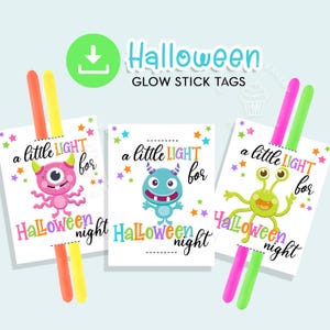 Étiquettes de bâton lumineux Halloween, Un peu de lumière pour l'étiquette de nuit d'Halloween, étiquette de bâton lumineux d'Halloween 3 x 4 imprimable, néon de carte d'étiquettes de bâton lumineux de monstre