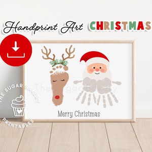 Printable Reindeer Santa Christmas Handprint Art, Footprint Handprint Art, Preschool DIY Craft, Handprint Footprint Keepsake Gift Mom Dad