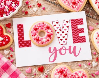 „Ich liebe dich“-Donut-Kekskarte, Valentinstags-Kekskarte, Donut-Zuckerkeks-Unterlage, 5x7-Valentinstags-Kekskarte, Valentinstags-Leckereienkarte