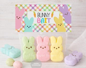 Easter BUNNY BAIT Printable Bag Topper, Easter Treat Bag colorful rainbow plaid Easter Peeps cookie topper, Easter favors topper classroom