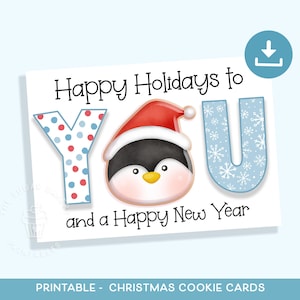 Happy Holidays sneeuwvlokkoekjeskaart, kerstkaart winterkoekjes, pinguïn sneeuwkoekjeskaart, afdrukbare minikoekjeskaart, sneeuwpopkoekjeskaart