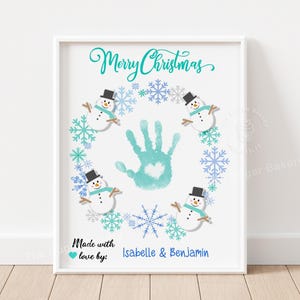 SNOWMAN Wreath Handprint, Baby&#39;s First Christmas Handprint Art, Handprint Christmas Gift, Printable Child handprint footprint SNOWFLAKES art