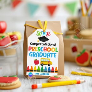 Étiquettes de remise des diplômes préscolaires modifiables Félicitations étiquette de diplôme d'études supérieures préscolaires étiquette de faveur de classe imprimable étiquette cadeau de fin d'année scolaire étudiant