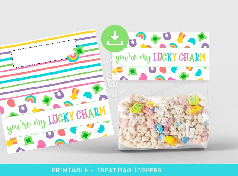 Lucky Charm Treat Bag Topper, St Patricks Day COOKIE Treat BAG TOPPER, St Paddys Printable Bag topper, St Patrick classroom favor treat bag image 1